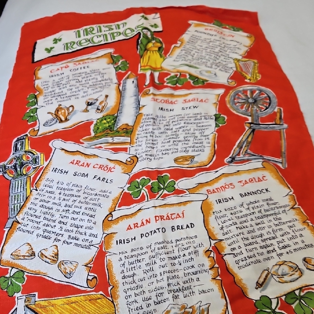 Vintage Irish Linen Tea Towel Recipe Kitchen Towel Made Ireland  Green 30 X 19.5